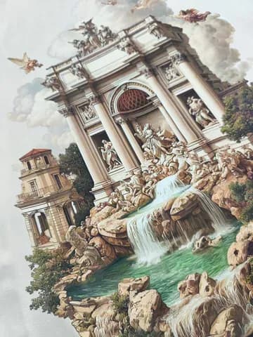 Classical stone building with waterfall and statues illustration