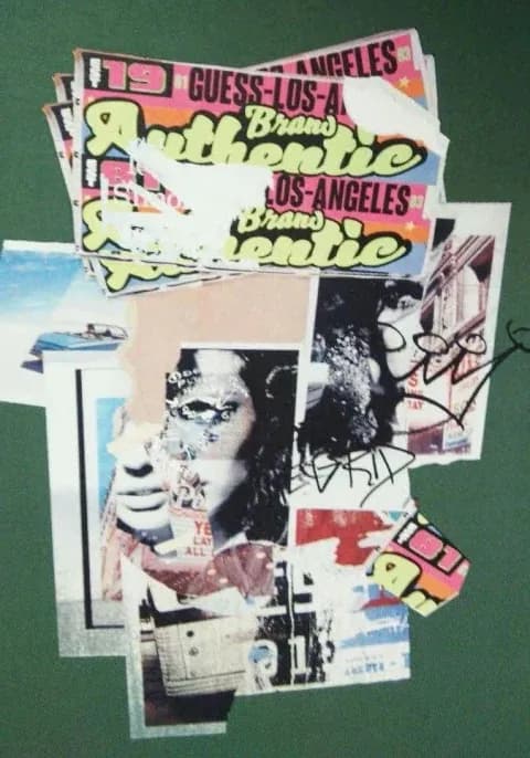 Collage of various printed designs with text and graphics.
