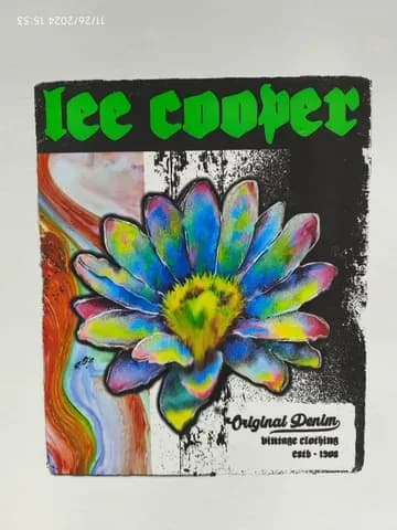 Psychedelic flower and bold upside-down text on fabric