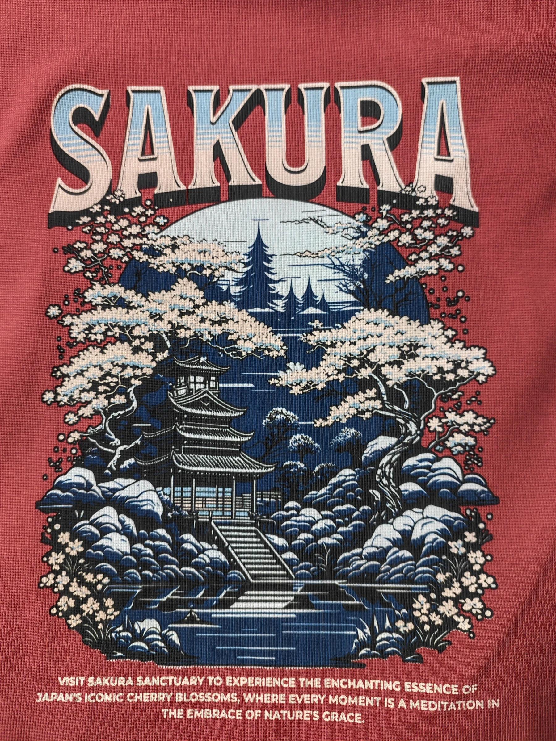 Sakura - Japanese Temple art printing on waffle fabric by Macrofast