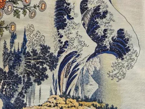 Intricate fabric with blue wave and floral design
