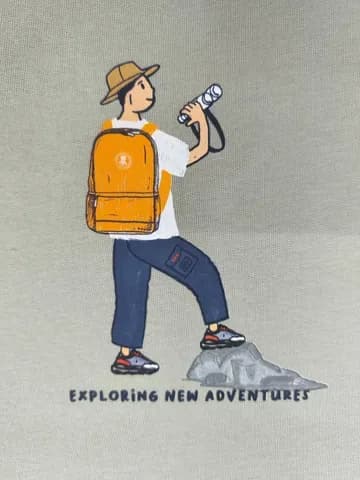 Person with backpack and camera hiking design on fabric