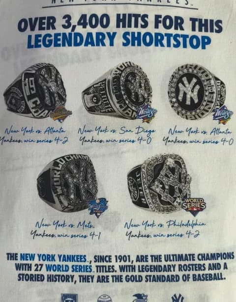 White T-shirt with New York Yankees baseball theme and rings