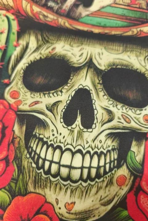 Textile with detailed skeleton and red roses design
